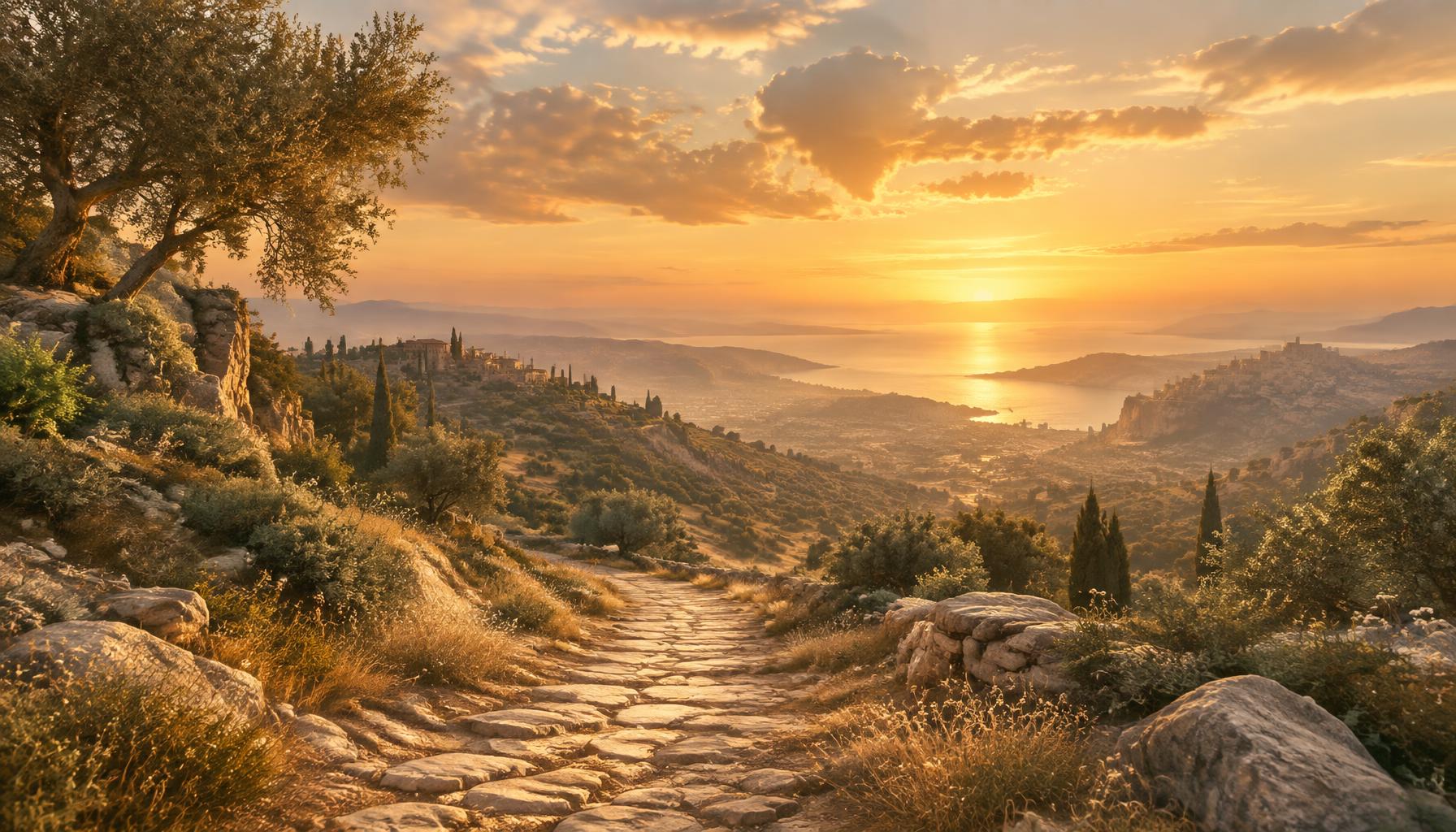 A warm painterly vista at golden hour with a path leading toward a glowing horizon.